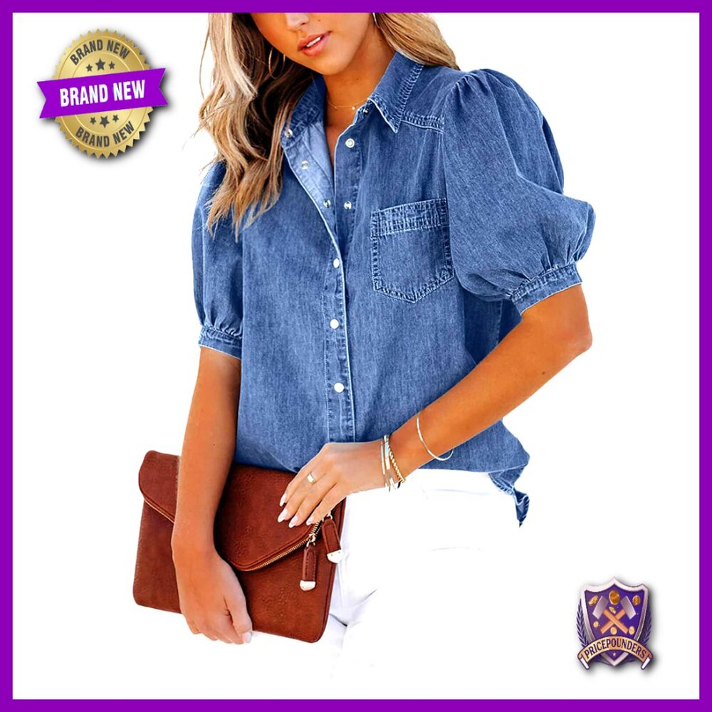 Distressed Denim Shirt Jacket Puff Sleeve Snap Button Casual Vintage Style